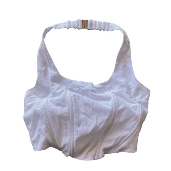 Hunter & Brown White Halter Neck Ponte Corset Boned Crop Top NWT Size Small - Picture 1 of 5